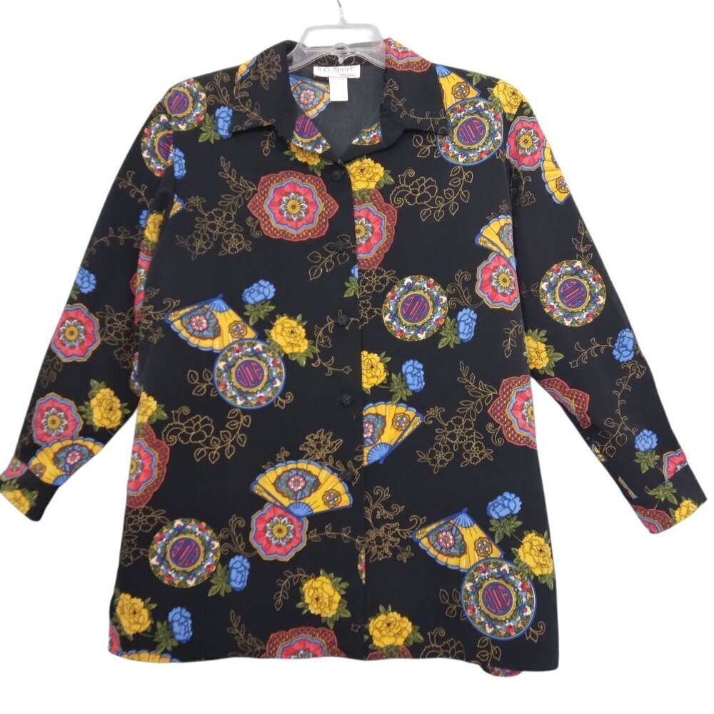 Vintage Women’s Asian Print Multicolor Long Sleeve Statement Blouse | Sz L